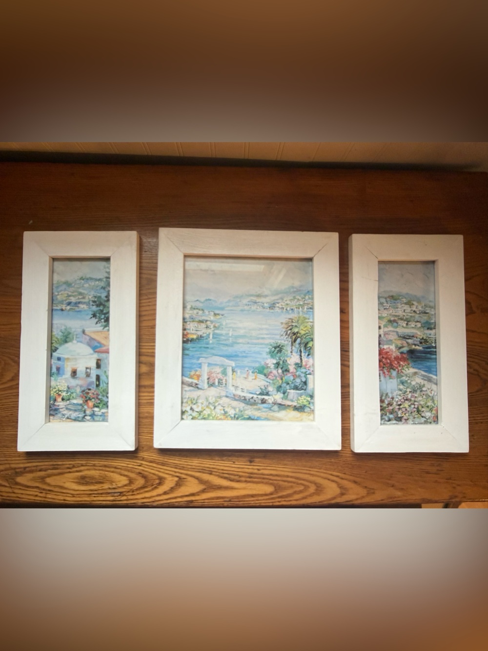 White Wood Framed Mediterranean Coastal Wall Art Set of 3